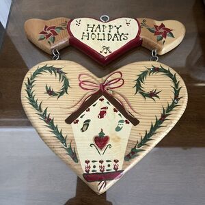 Vintage Happy Holidays Wooden Plaque Handmade Mexico Folk Art JDI Inc Fallbrook